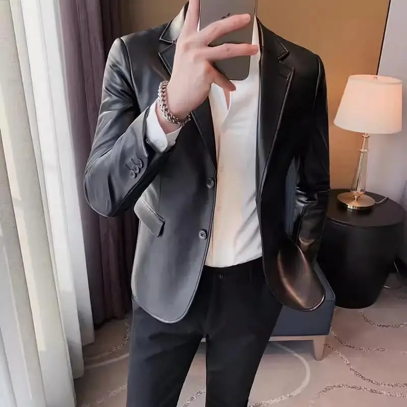 Men's Leather Jacket 2024 Autumn Highend Fashion Solid Slim Fit Business Blazers Coats Korean Casual PU Leather Suit Tuxedo 3