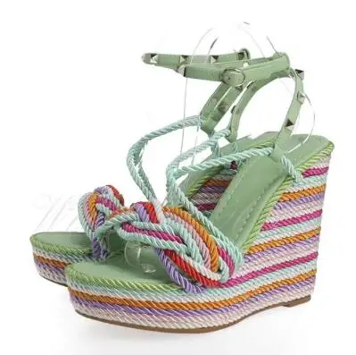 

Girls Multi Color Cross Strap Rivet Studded Espadrille Wedge Slingback Sandals Women Open Toe Platform High Heel Beach Shoes