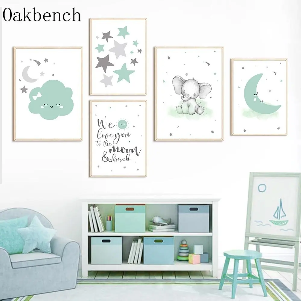 

Зеленая холщовая Настенная картина со слоном, настенные картины, луна, звезда, настенные картины, облако, художественные принты, настенные плакаты для детской комнаты, Декор