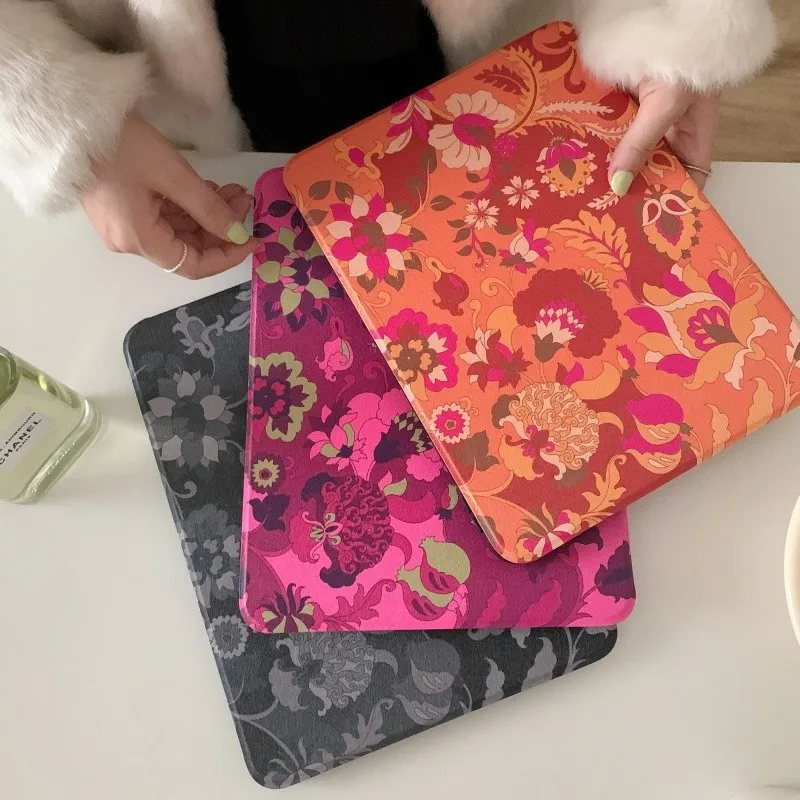 360 Rotating Vintage Boho Floral Tablet Case with Pencil Holder