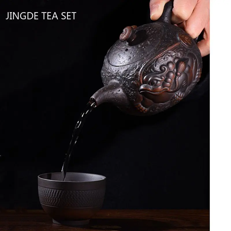250ml Antique Purple Pottery Teapot Hand Carving Beauty Tea Pot Ball Hole Filter Tea Infuser Chinese Tea Ceremony Accessories