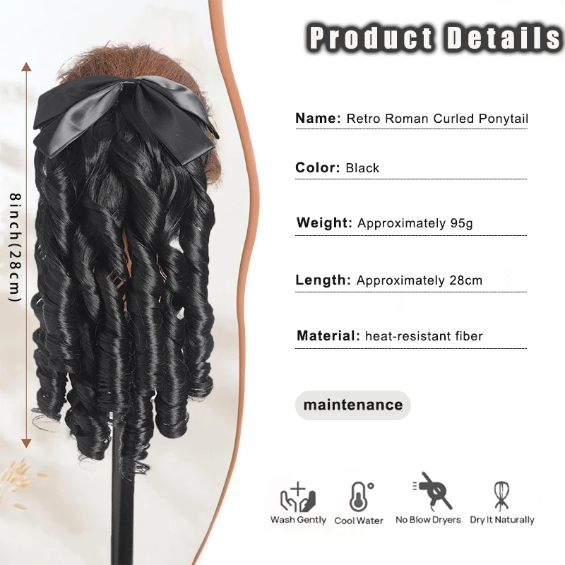 LUPU Princess Roman Style Curly Ponytail, Black Bow Retro Wig Extension Easy to Stretch Comb Style Wig Suitable for Women