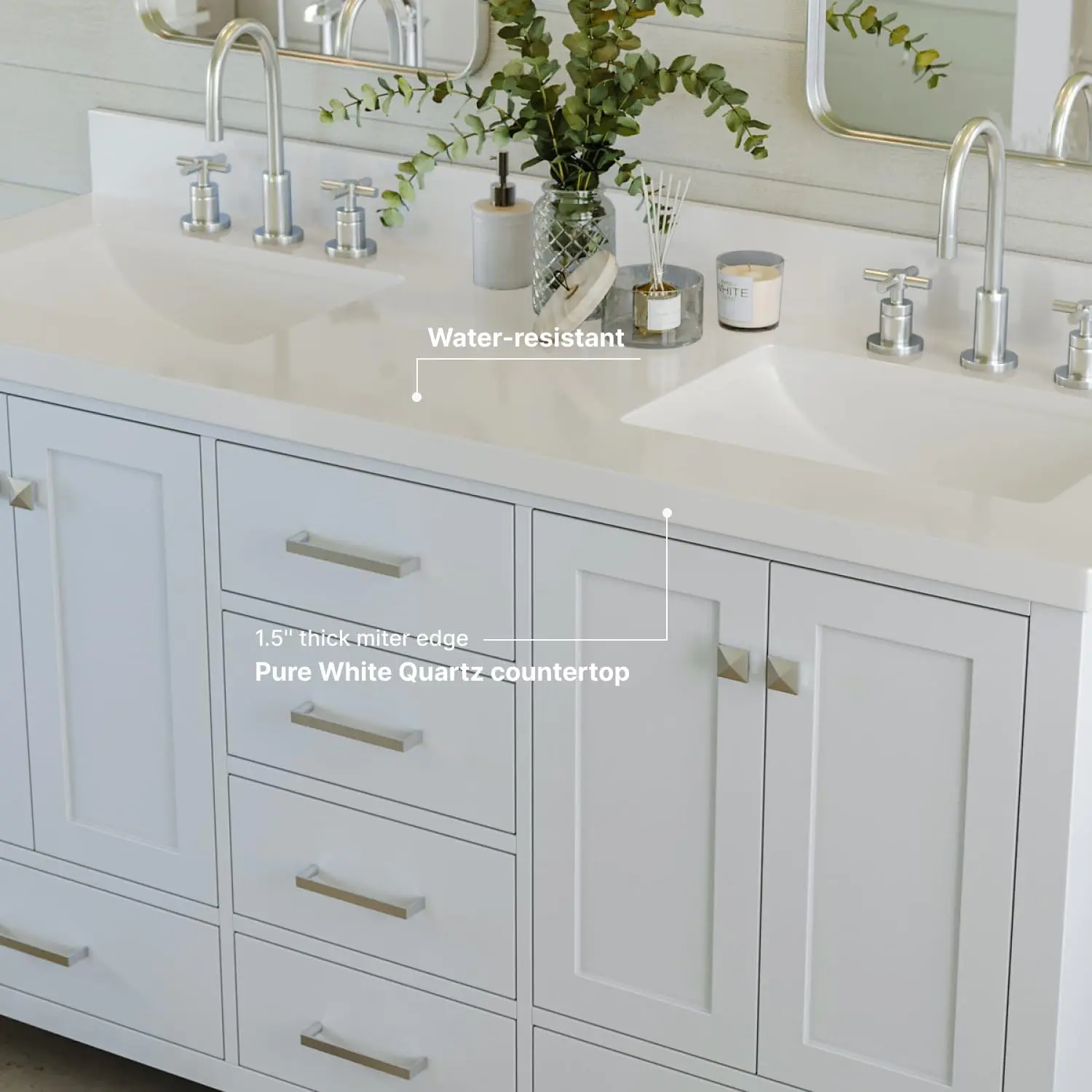 61" White Double Bathroom Vanity with Sink, 1.5" Edge Pure White Quartz Countertop & Backsplash, Brushed Nickel 4