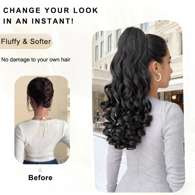 20 inch Long Wave Synthetic Fiber Ponytail Wig Extension, Claw Clip, Natural Black, Suitable for Daily Wear