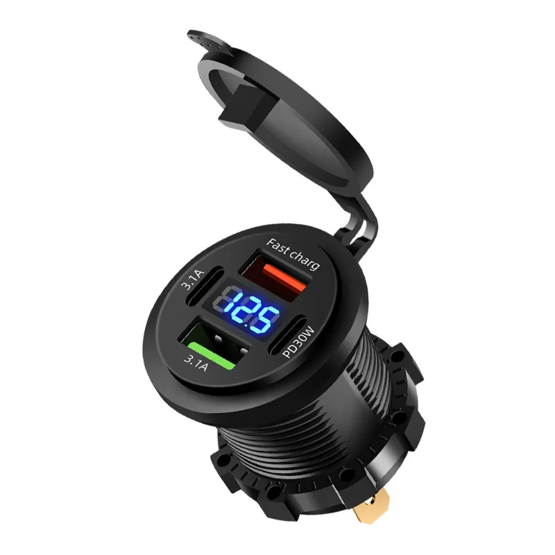86W 듀얼 QC3.0 USB & 듀얼 PD3.0 차량용 충전기 전원 콘센트 소켓 타입-C 고속 충전 콘센트 (LED 전압계 내장, 12-24V 차량용)