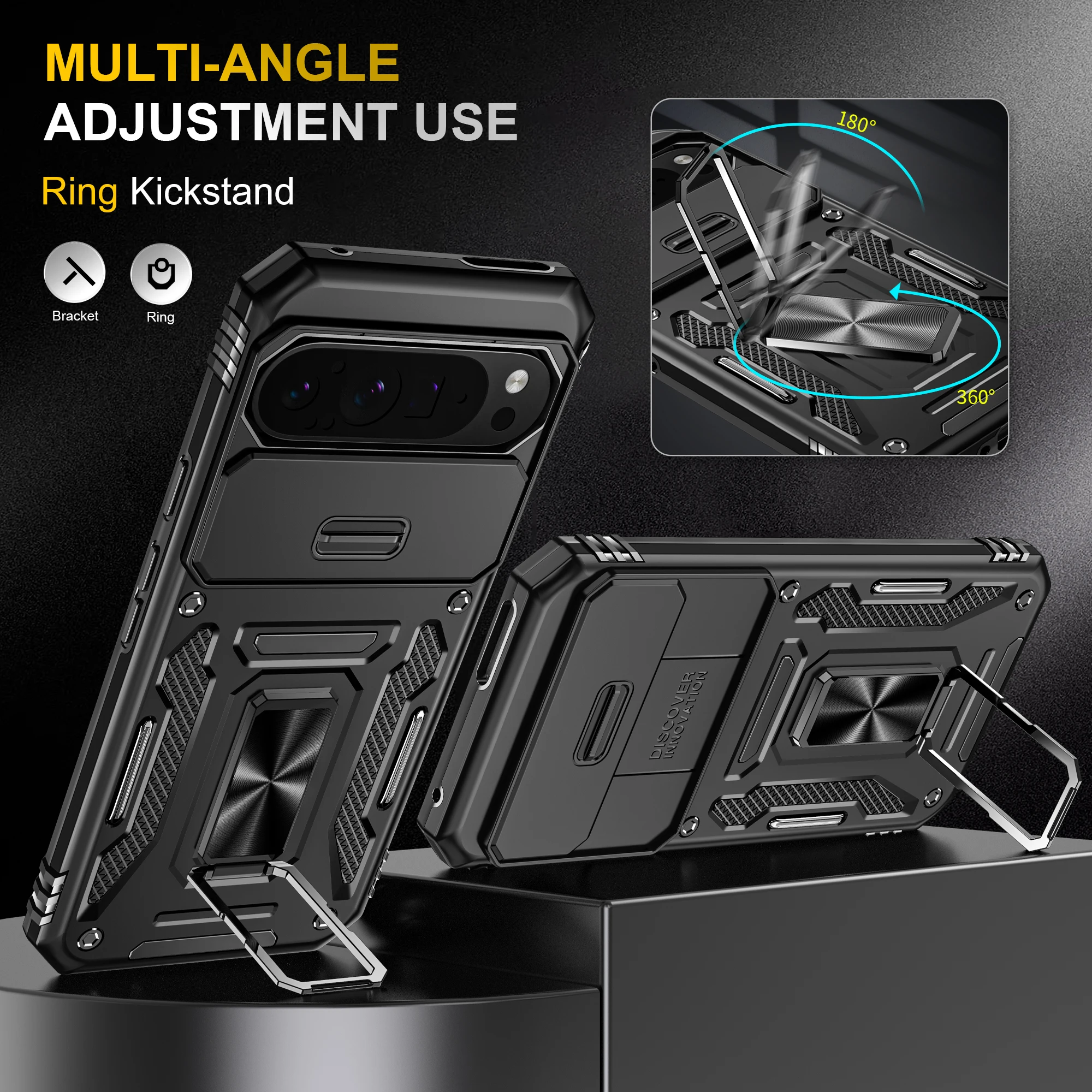 Enhanced Magnetic Ring Holder Armor Phone Case with Slide Camera Protector