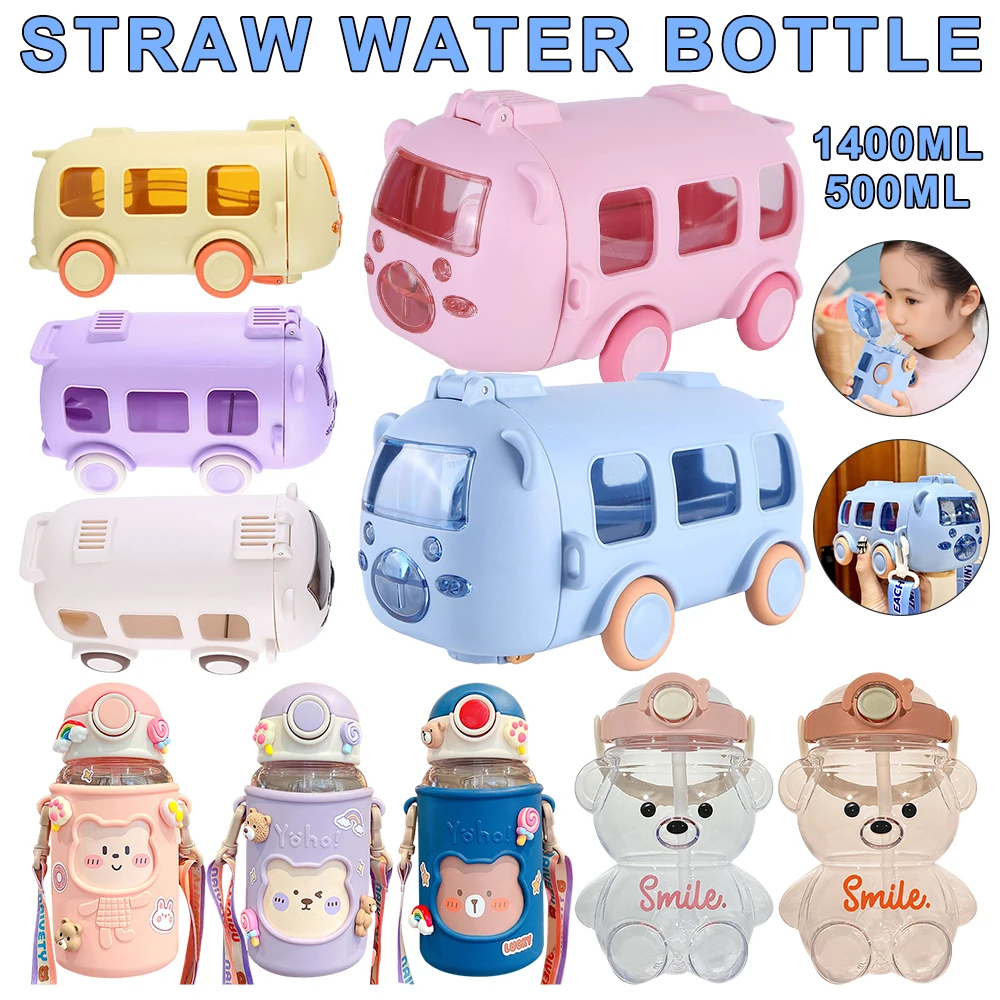500/1400ml Portable Water Bottle With Shoulder Strap Leakproof Water Cup Bus Shape Car Straw Bottle for Outdoor Picnic