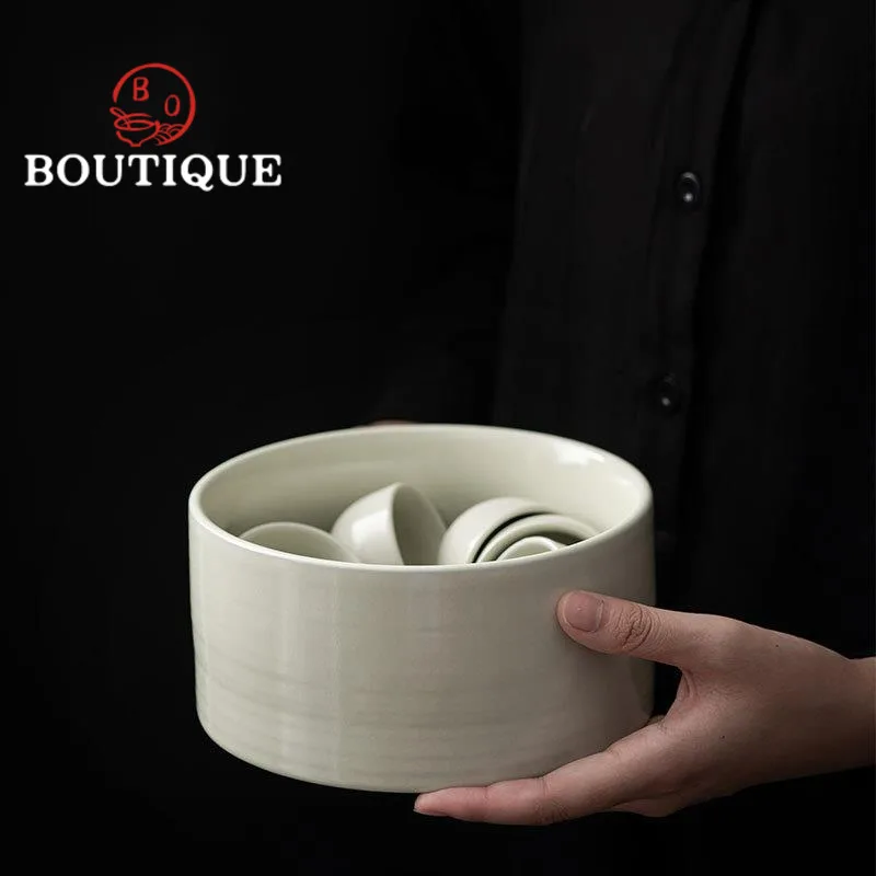 900ml Retro Plant Ash Coarse Pottery Jianshui Elegant Tea Washing Basin Writing-brush Washer Tea Garbage Can Chaxi Ornaments