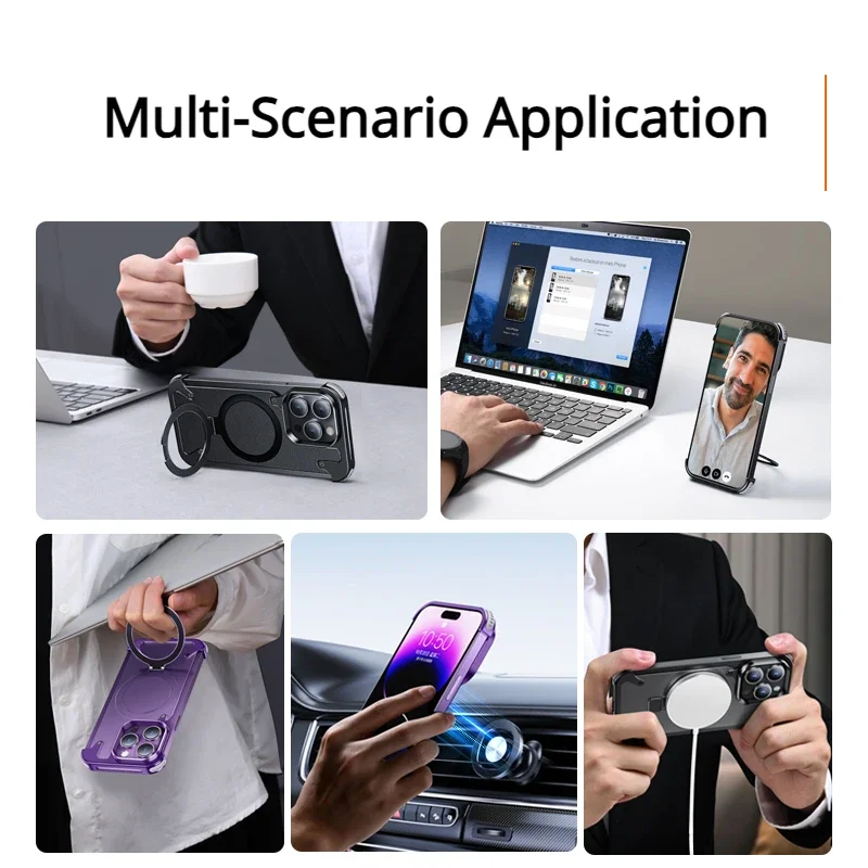 For iphone15 14 13 Pro Max Case Metal Magsafe frame four corner airbags Transparent leather Finger Ring car Phone Holder cover