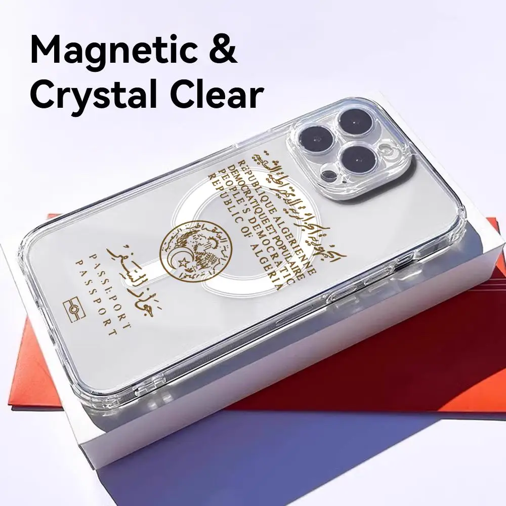 Algeria Passport Logo Magnetic Crystal Clear Phone Case with Wireless Charging Compatibility
