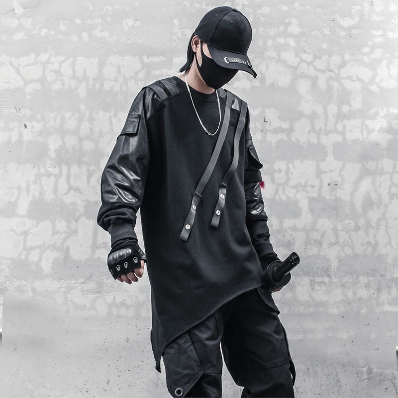Men PU Patchwork Sweatshirt Hip Hop Streetwear Goth Punk Pullover 2022 Fashion Harajuku Functional Sweat Shirt Tops Men Clothing