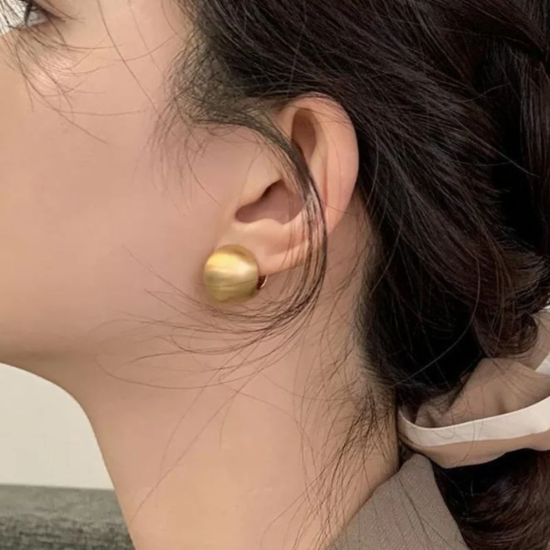 14K Gold Plated Round Brushed Spherical Hoop Earrings for Women Retro Silver Color Frosted Creative Statement Earring Jewelry