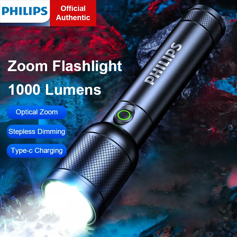 

Philips SFL6168 Optical Zoom LED Flashlight with USB Charging with 18650 Battery Rechargeable USB Flashlight for Self Defense