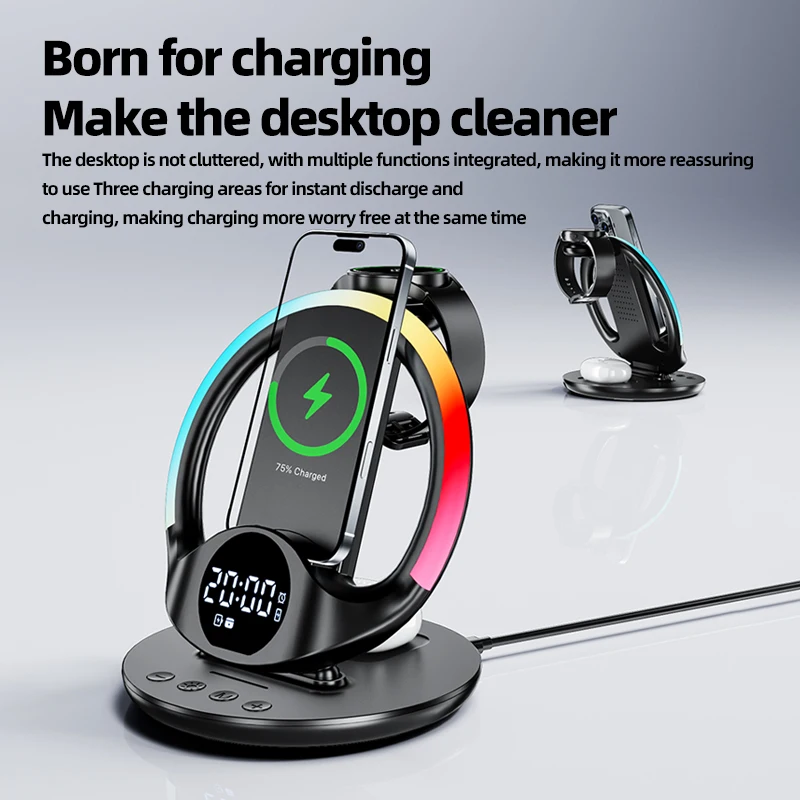 6 in 1 Wireless Charger Stand RGB Light & Alarm Clock for iPhone 17~12 Samsung Apple & Galaxy Watch Airpods 4/3 Pro Buds3/3 Pro