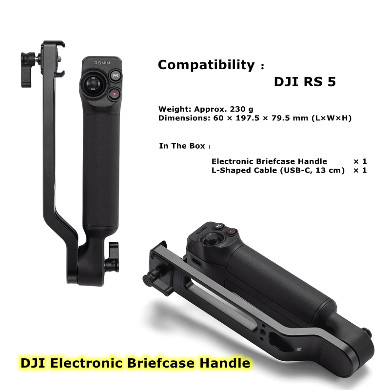 Poignée mallette électronique pour stabilisateurs DJI Ronin RS5, RS4 Mini, RS4 Pro, RS3 Pro, tenue en main pour illustrer l'ergonomie.