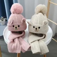 All-match Bear Children Scarf Hat Set Knitting Cartoon Wool Beanie Warm Cute Warm Knitted Cap Cloth Accessories
