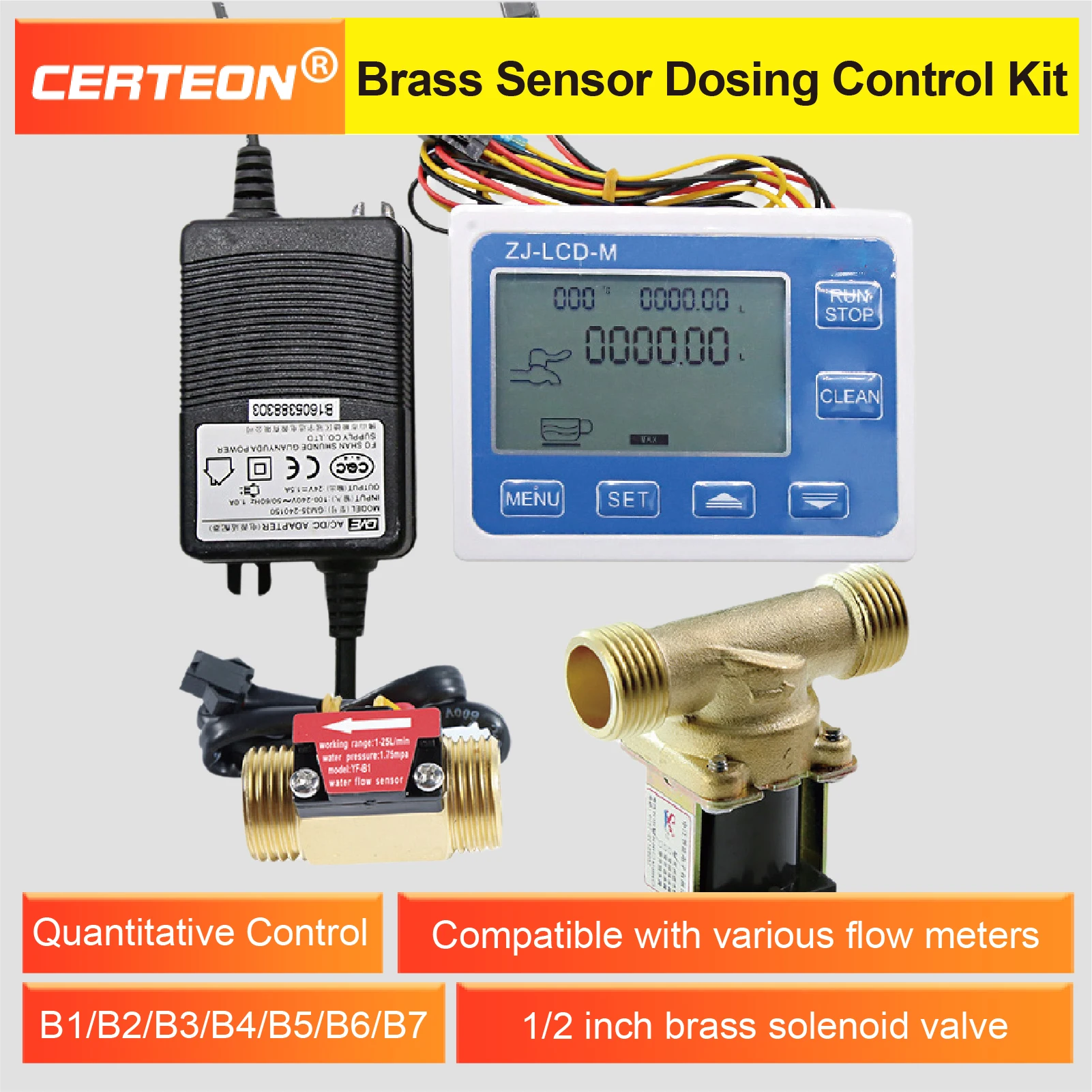 ZJ-LCD-M Digital Liquid Filling Controller Kit with Brass Water Flow Sensor LCD Display Auto Dispenser System