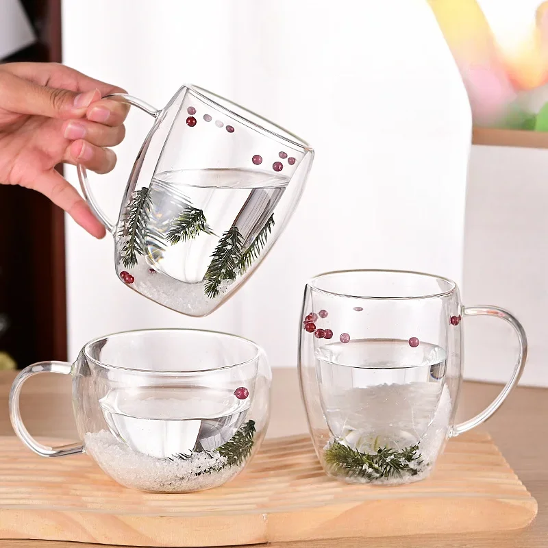 Glass Cup Creative Double Wall Glass Cup Transparent Christmas Coffee Mug with Handle Snow Home Heat Resistant Gift Tea Milk Water Cup glass cup