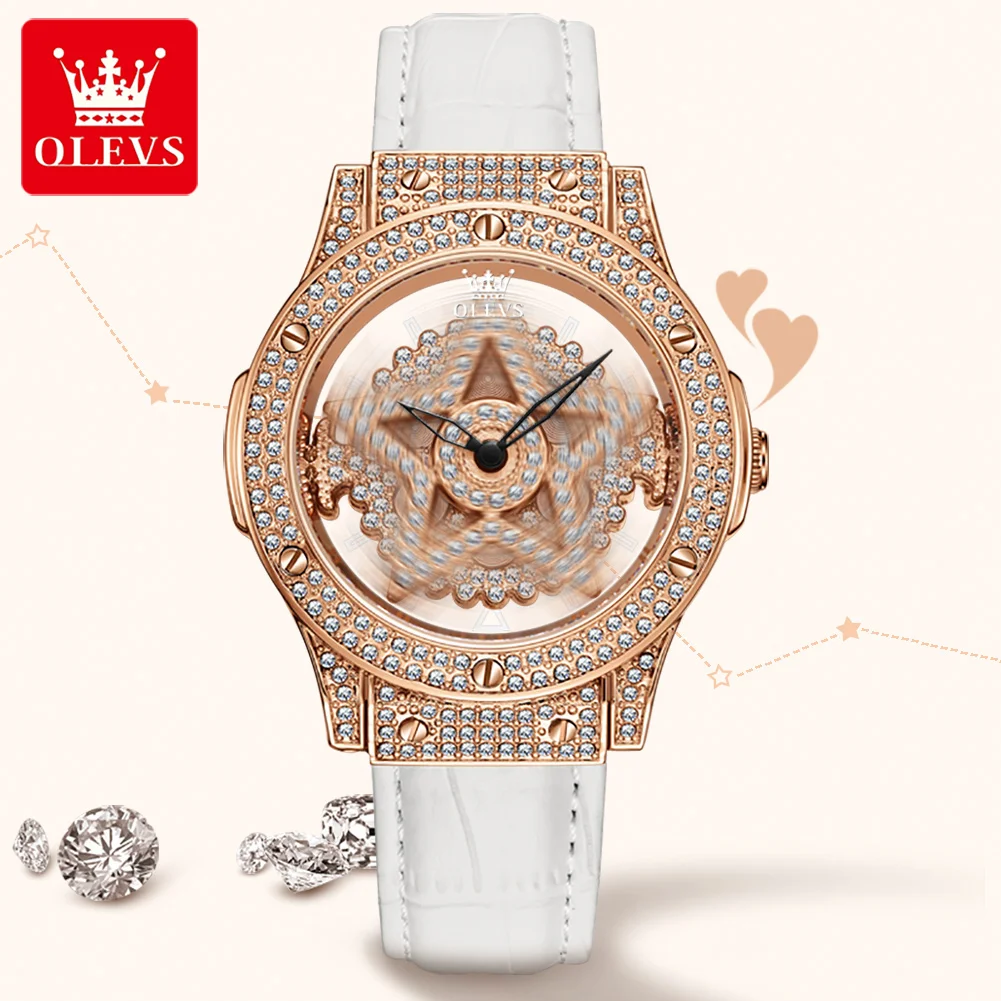 OLEVS Diamond Watch for Women Waterproof Breathable Leather Strap Female Pentacle Snowflake Rotates the Dial Luxury Quartz Watch