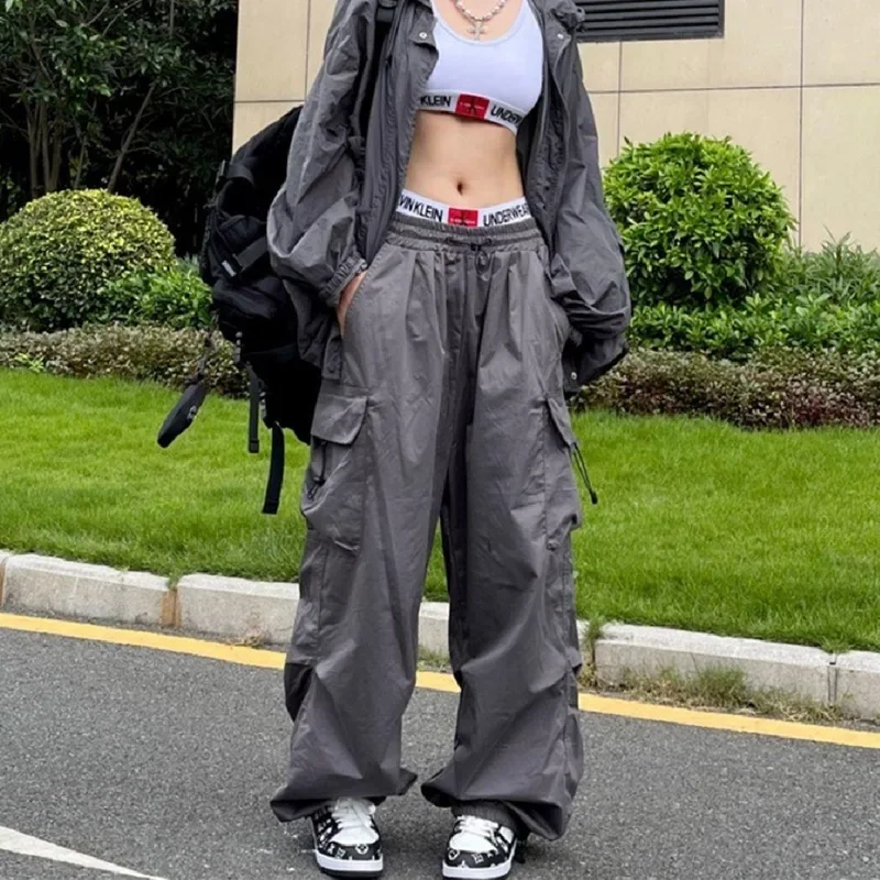 

Women Fashion Streetwear Cargo Pants 2023 Autumn Casual Elastic Waist Loose Sweatpants Female Vintage Wide Leg Jogger Trousers