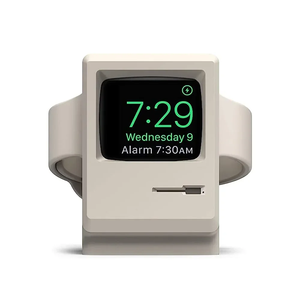 Silicone Charger Stand For Apple Watch 10 9 8 7 6 5 4 3 2 1 SE Charging Dock Holder Retro Computer Pattern Keeper Bracket Base