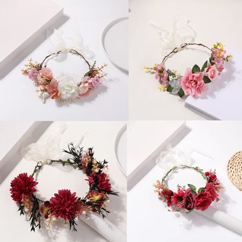 핑크 흰 꽃 화환 헤어 후프, 요정 아우라 헤드웨어, 레트로 숲 스타일 꽃 화환 헤드웨어 액세서리 상품 이미지
