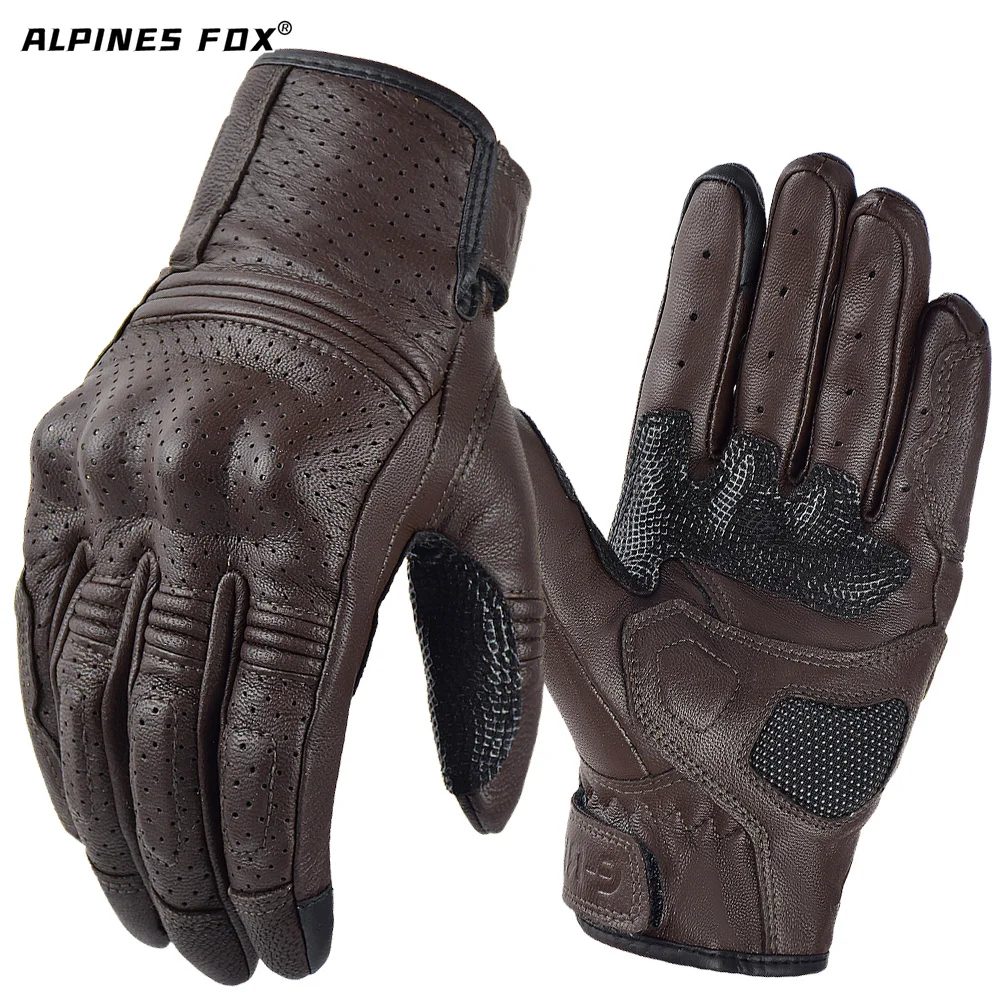 Summer Brown Perforated Retro Goat Leather Full Finger Motorcycle Gloves
