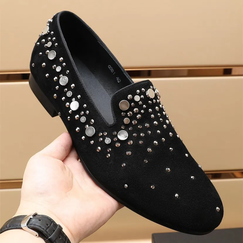 

Luxury Designer Shoes Fashion Italian Leather Diamond Rhinestones Suede Party Boat Flats Wedding Evening Dress Shoes Men Loafers