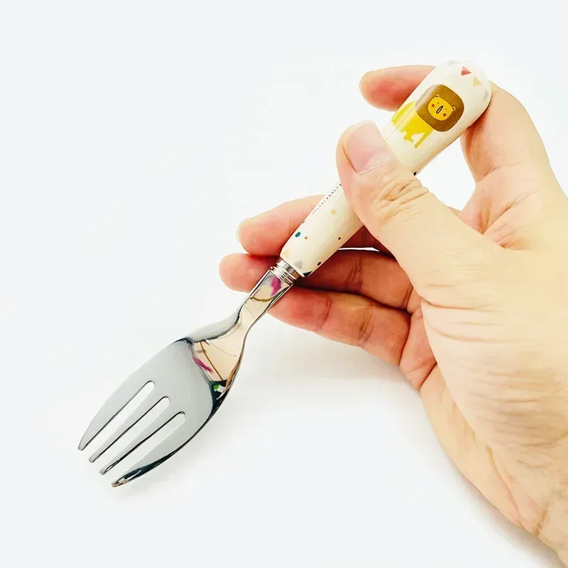 New Design Baby Feeding Solid Food Spoon Fork Set BPA Free Ceramic Handle Cartoon Crab Stainless Utensil Children's Tableware 6