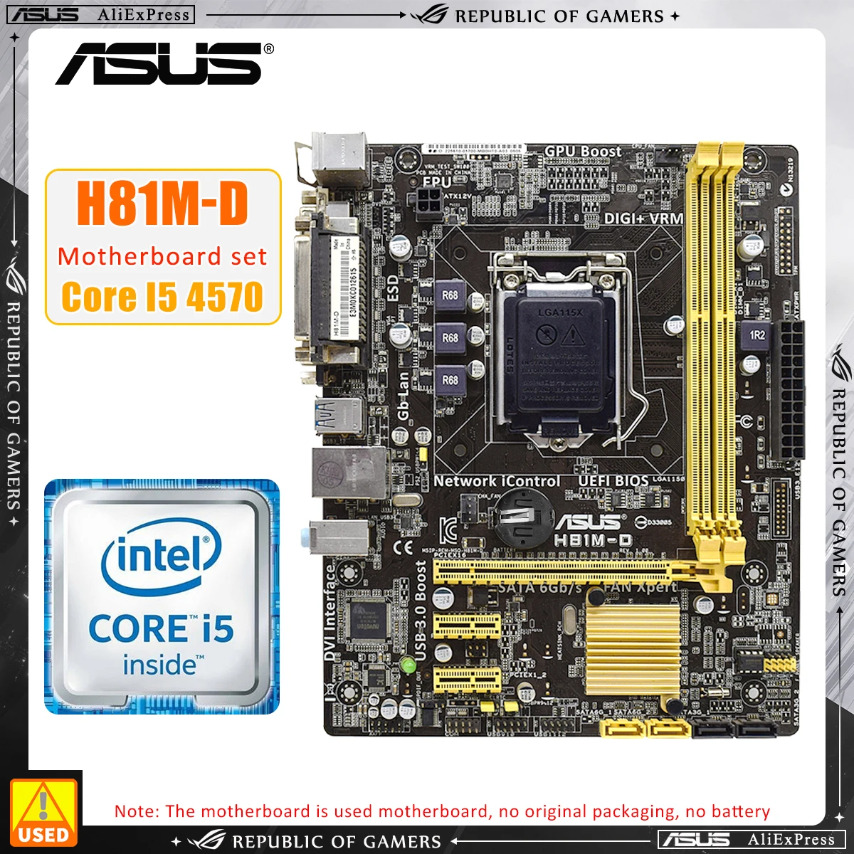 

H8I Motherboard set ASUS ASUS H81M-D+i5 4570 LGA 1150 Motherboard Kit DDR3 DIMM 16GB PCIE 2.0 SATA3/2 DVI MICRO-ATX