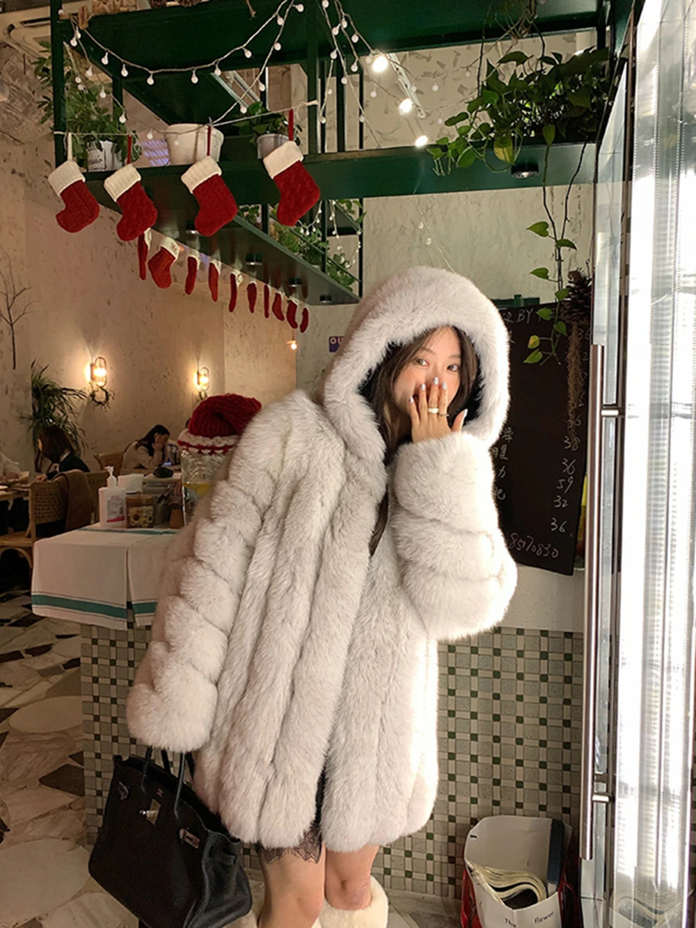 Winter Hooded Fox Fur Long Coat For Women Luxury White Real Fur Coat With  Hood Plus Size Jacket With Natural Fur Female