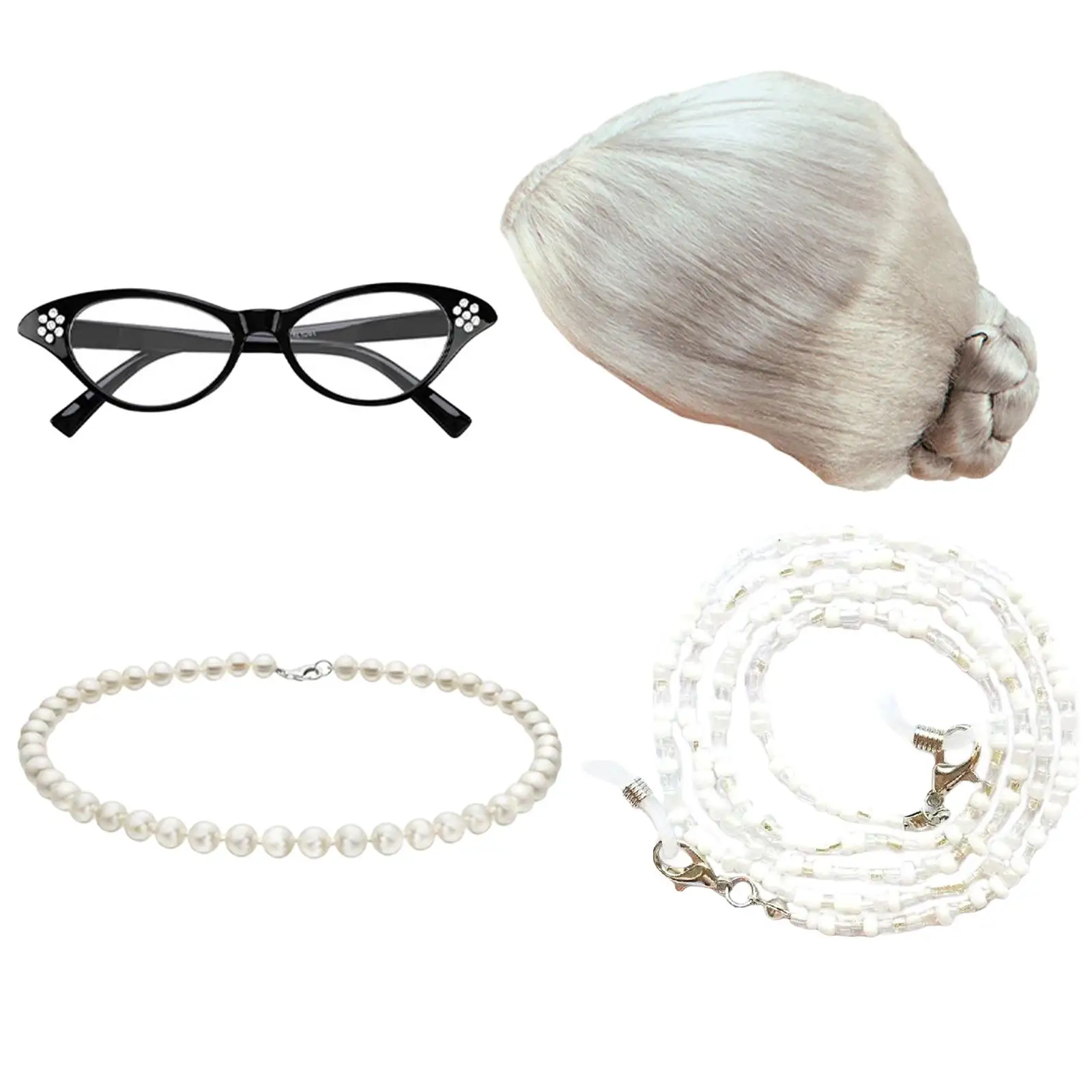 Costume Vieille Dame Complet | Perruque Grise, Lunettes, Canne, Bijoux, Bigoudis | Pour Halloween, Cosplay