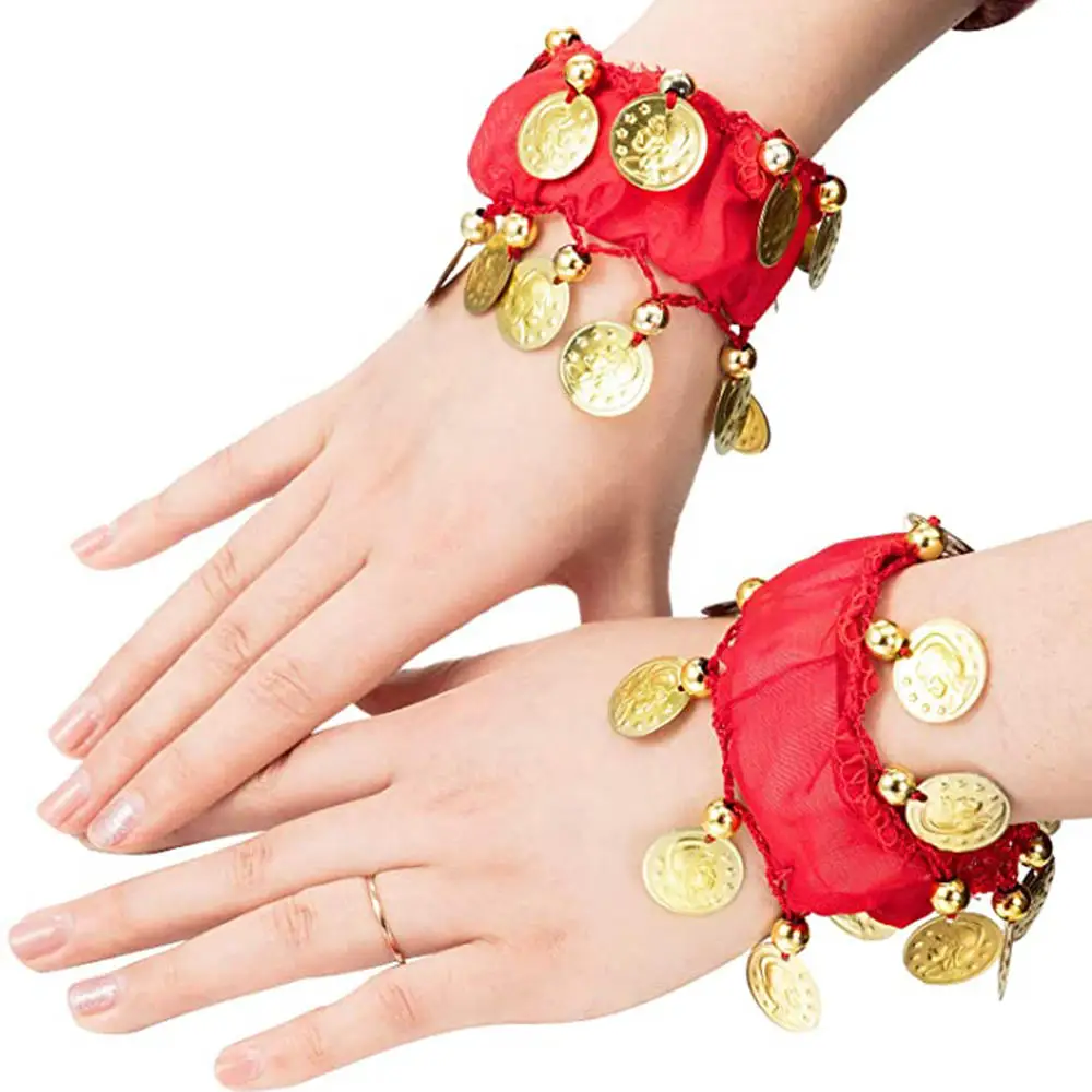 Belly Dance Wrist Ankle Cuffs Bracelets Chiffon Gold Coin Belly Dance Costume Accessory Rattle bracelet 1 Pair 11 colors belly dance accessories