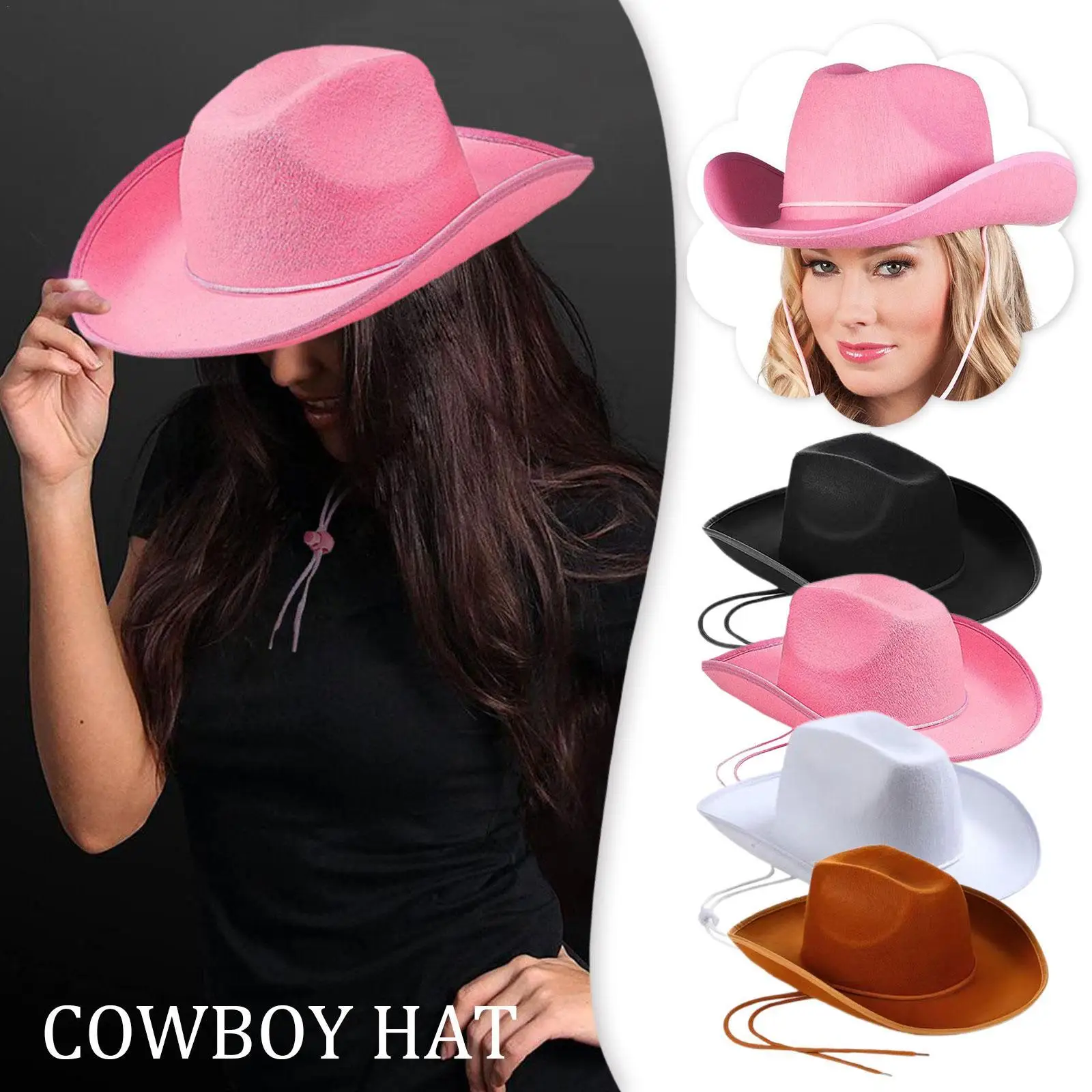 Retro Western Cowboy Hat For Women Pink Wide Brimmed Cowgirl Hat Felt Rope Rider Cowboy For Disco Costume Party Accessories