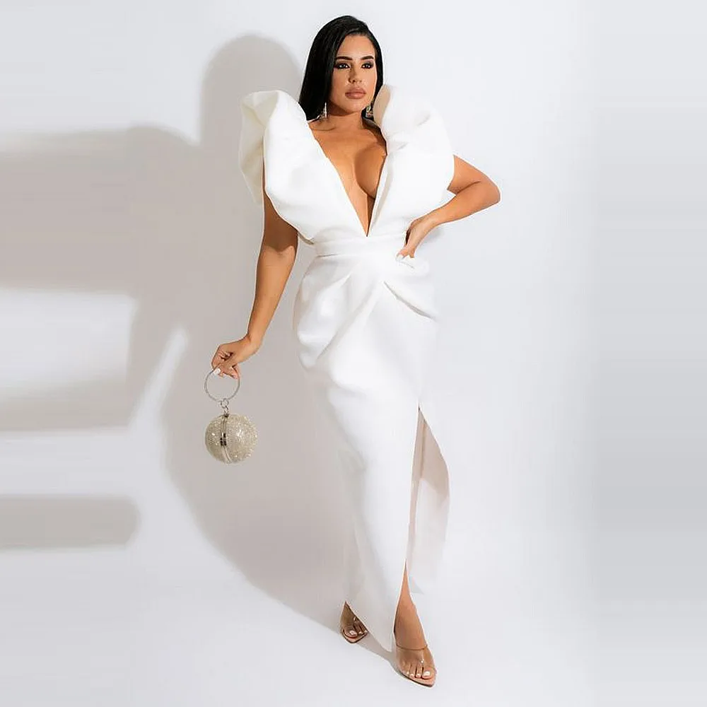 

Sexy Mermaid Prom Dresses WIth Deep V Neck Puff Sleeve High Slit Women Birhtday Party Dress Custom Made vestidos de noche