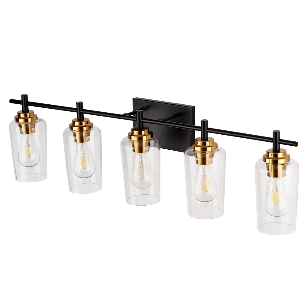 

5-Lights Bathroom Light Fixtures Gold Black Bathroom Vanity Light Over Mirror Bathroom Light Fixtures with Clear Glass Shade