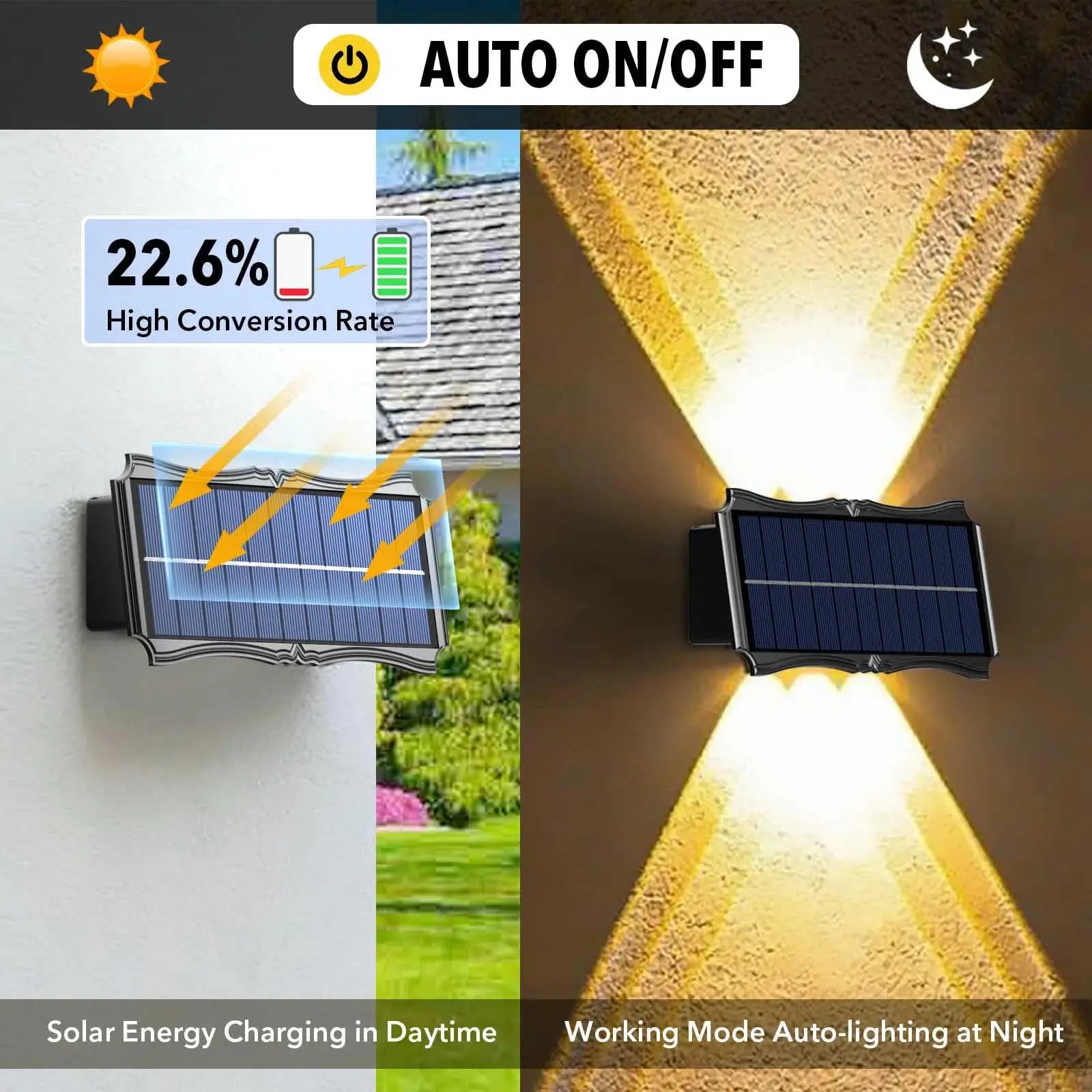 Lámpara Solar de pared para exteriores, luz cálida impermeable, iluminación luminosa hacia arriba y hacia abajo, balcón, patio, decoración de jardín, luces de pared Exterior