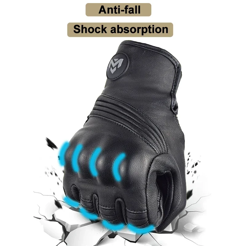 Retro Leather Black Motorcycle Gloves Men Summer Perforated Breathable Motocross Gloves Touch Screen Moto Racing Equipment Glove 4
