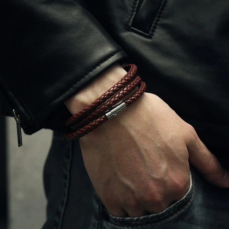 Punk Men's Leather Braided Rope Chain Necklace Stainless Steel Magnetic Clasp