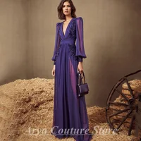 Dark Purple V Neck Long Sleeve Evening Dress Chiffon Pleated Applique Floor Length Beach Party Banquet Women Customized Gown - Image 2