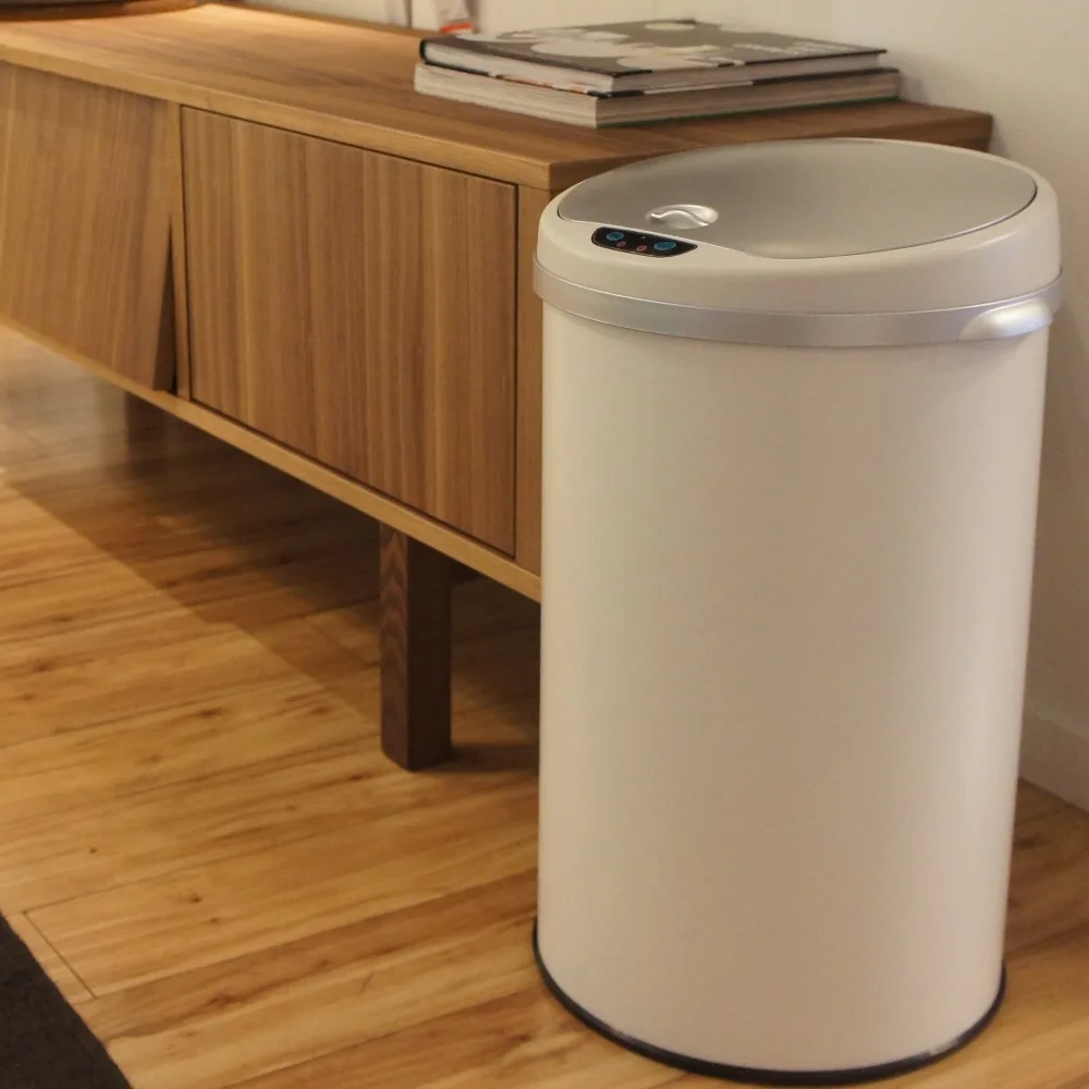 

Dustbin Free Shipping Food Waste 8 Gallon Round Matte White Steel Sensor Trash Can With Deodorizer Recycle Bin Household Tools