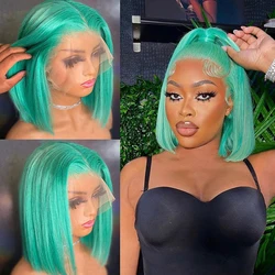 13X4 Short Bob Pixie Cut Straight Mint Green Colored Human Hair Frontal Wig T Part HD Transparent Lace Wigs For Woman Preplucked