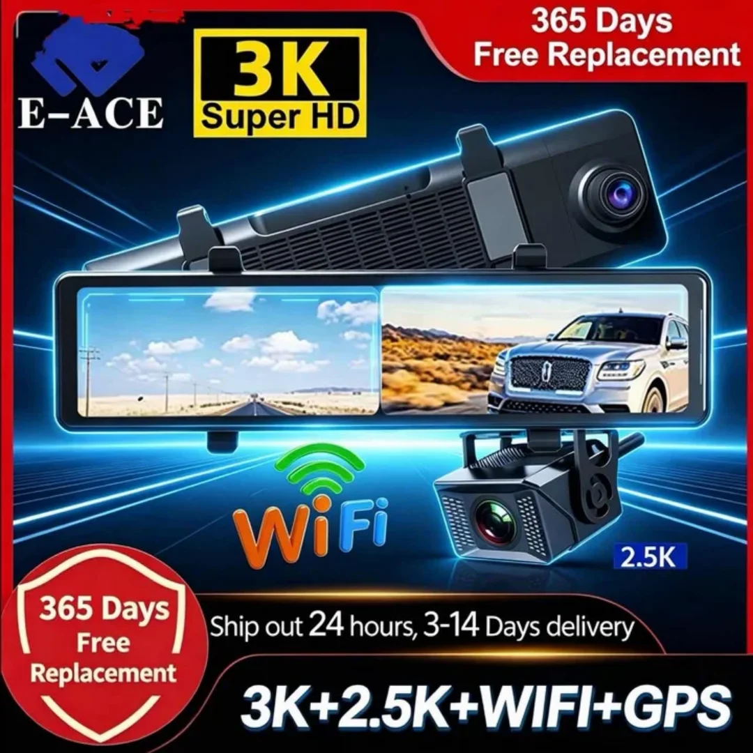 E-ACE 3K 후방 카메라 블랙박스 듀얼 렌즈 2.5K 후방 카메라 WiFi GPS 야간 시야 24시간 주차 모니터링 차량용 DVR 레코더
