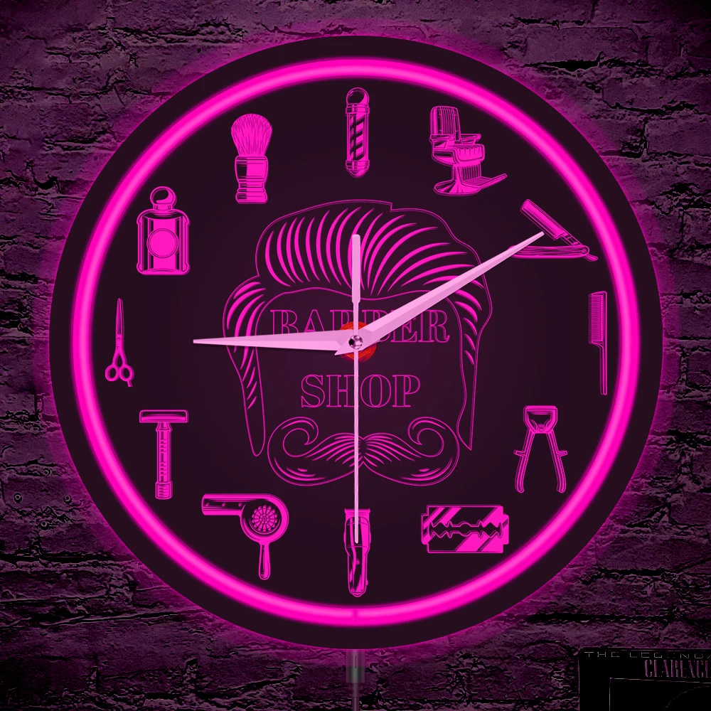 Barber Shop Red Neon Logo Metal Frame Wall Clock for Man Cave Barbering Business Sign Flexible Flex illuminated Neon Wall Clock