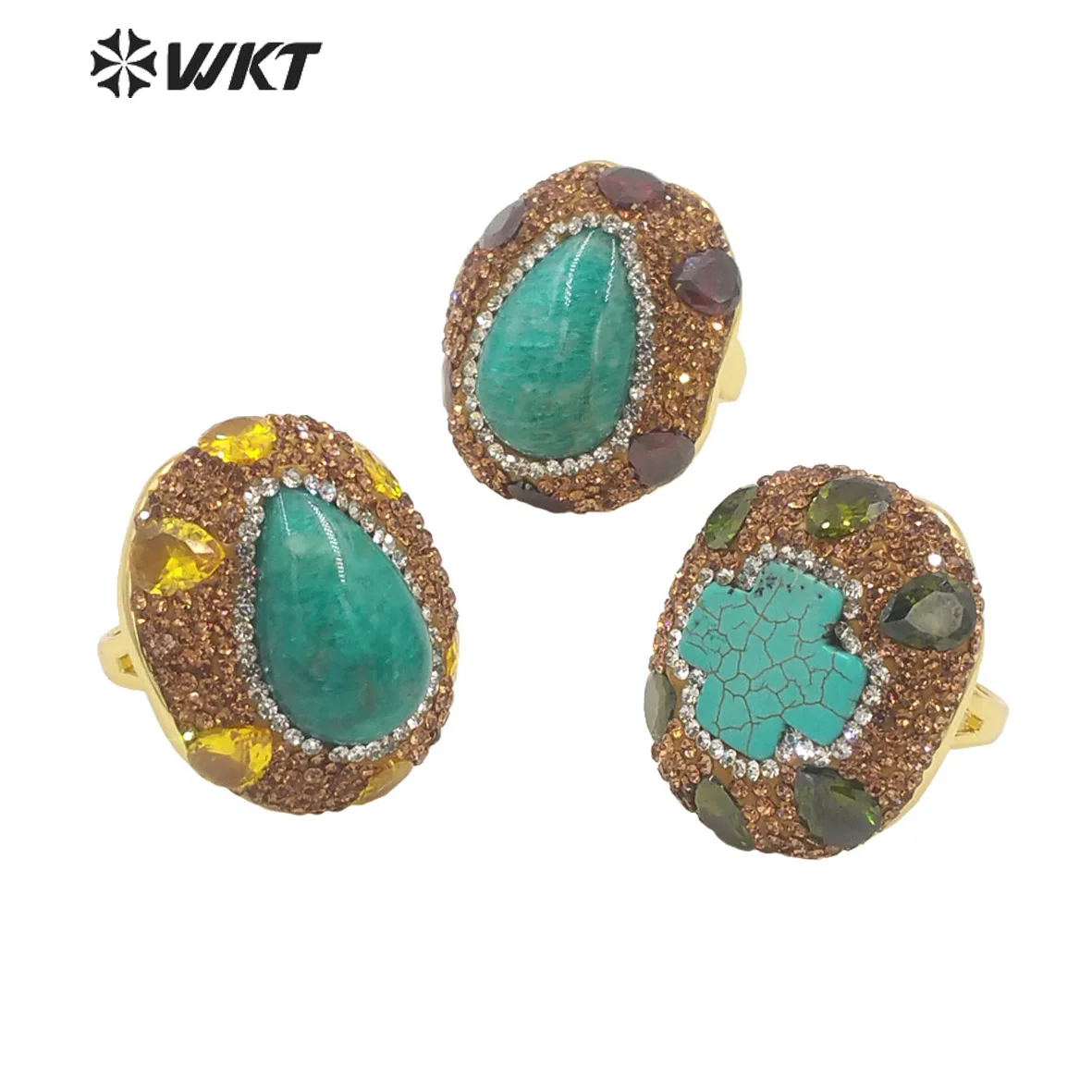 

WT-R498 Classic Style Amazonite & Turquoise Ring 18K Gold Plated Yellow Brass Accessory Women Jewel Birthday Party NEW