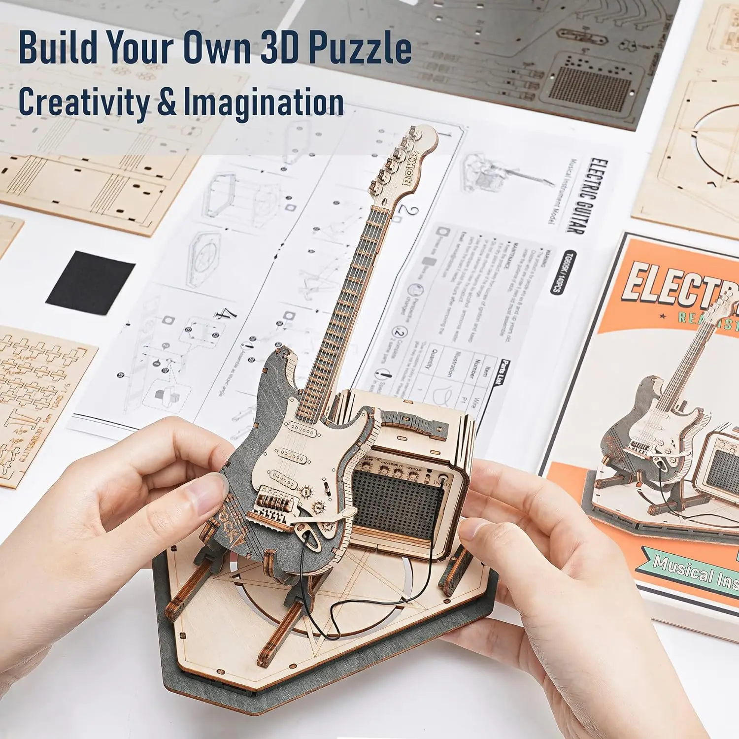 Robotime ROKR Electric Guitar Model Gift for Kids Assembly Creative Toys Building Block Set 3D Wooden Puzzle - TG605K 5