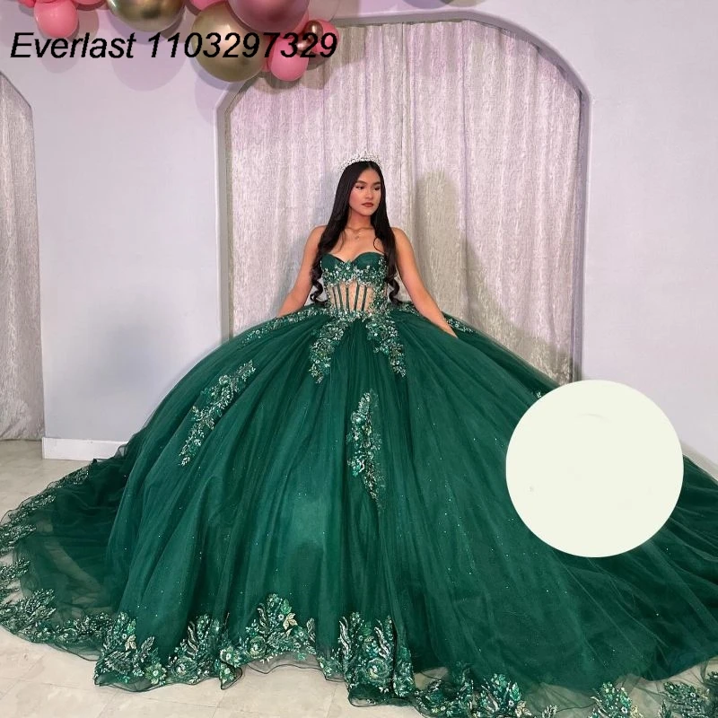 

EVLAST Shiny Emerald Green Quinceanera Dress Ball Gown Lace Applique Beading Corset Sweet 16 Party Vestido De 15 Anos TQD560