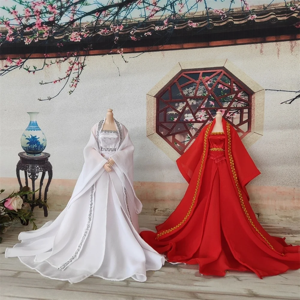 

Long Loose Dress l/6 Hanfu Chinese Ancient Tradition Suit Clothes Gauze White Red For 12inch PH JIAO Doll Action Figure Toys
