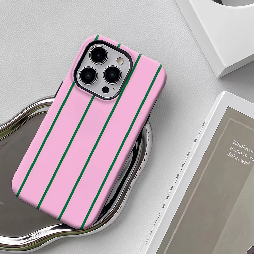 Luxury Double-Layer Phone Case with Pink and Green Stripes