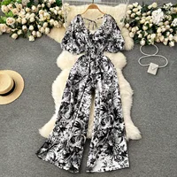 V Neck Sexy Dolman Sleeves Waist Slim Floral Print Jumpsuit Women Wide Leg Trousers Jumpsuit - Image 2